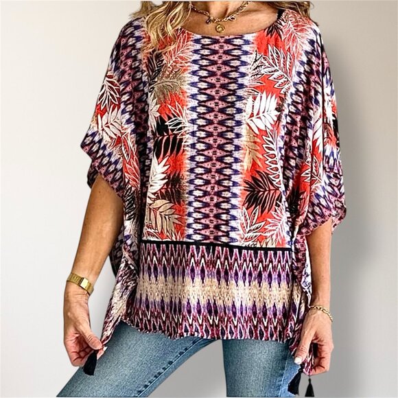 Ruby Rd. Tops - Ruby Rd M Linen Poncho Blouse Purple Orange Floral Tassel Boho Hippie Resort Top